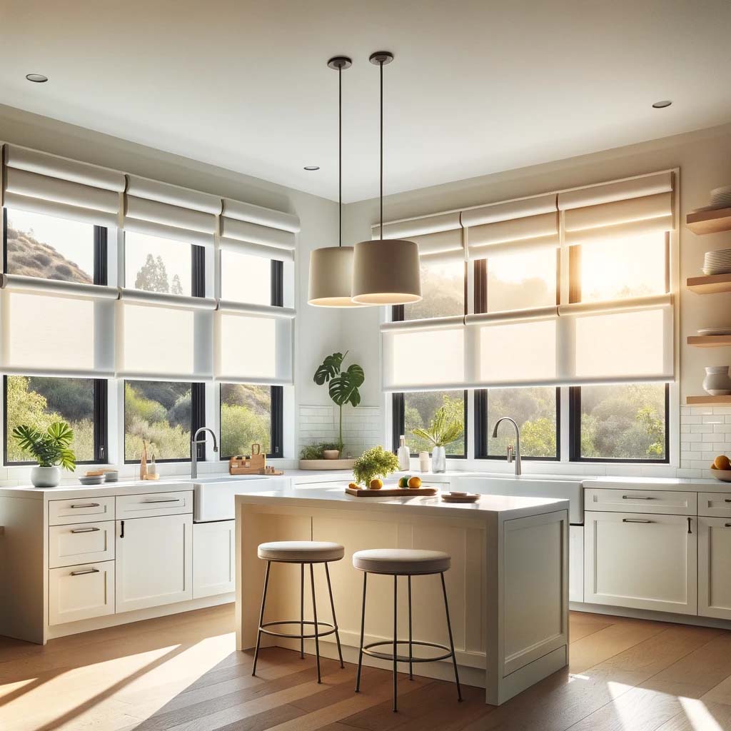 modern white kitchen with roller shades