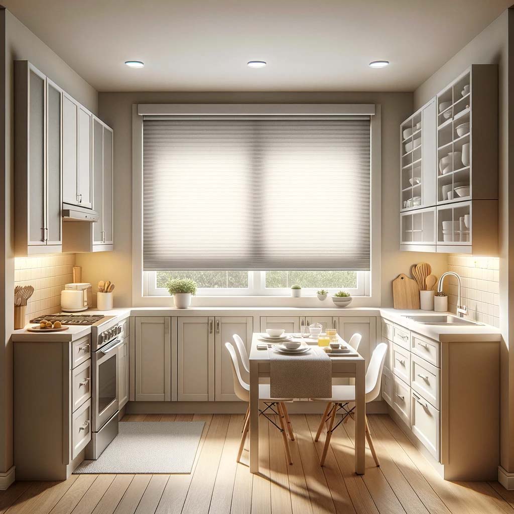 Honeycomb shades in a kitchen